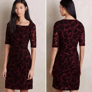 Anthropologie‎ Maeve Elorn Burgundy Floral Black Lace Ruched Dress Women's Sz 12